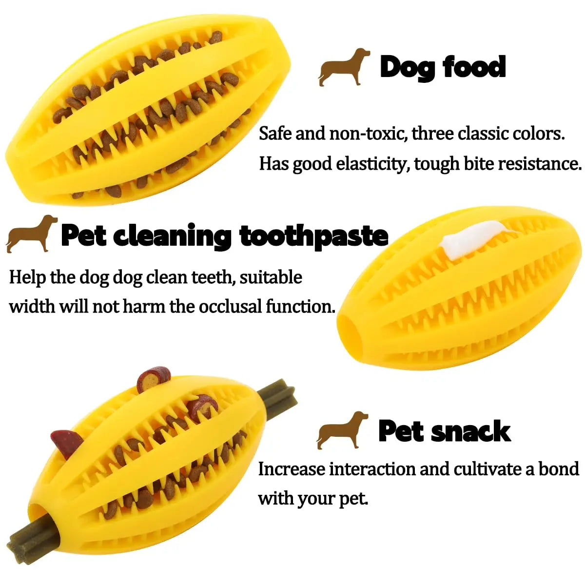 Yellow rubber chew ball for dogs with sections for dog food, pet cleaning toothpaste, and pet snack.