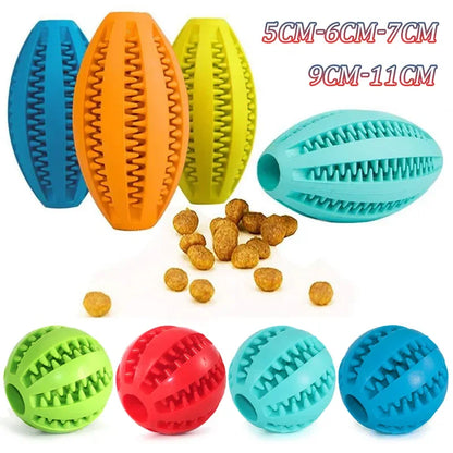 Colorful natural rubber chew balls for dogs, ideal for teeth cleaning and treat holding, available in various sizes.