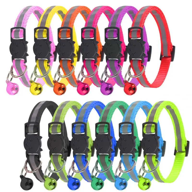 Reflective cat collars with bells in 12 colors, adjustable and safe with flashing lights for visibility, suitable for small pets.