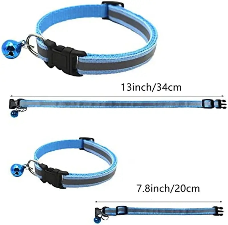 Reflective blue cat collar with bell, adjustable size, shown in different lengths for small pets.