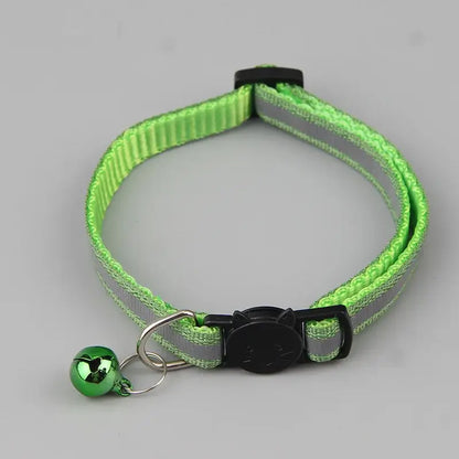 Reflective green cat collar with bell featuring adjustable size and safety light, perfect for visibility and style.