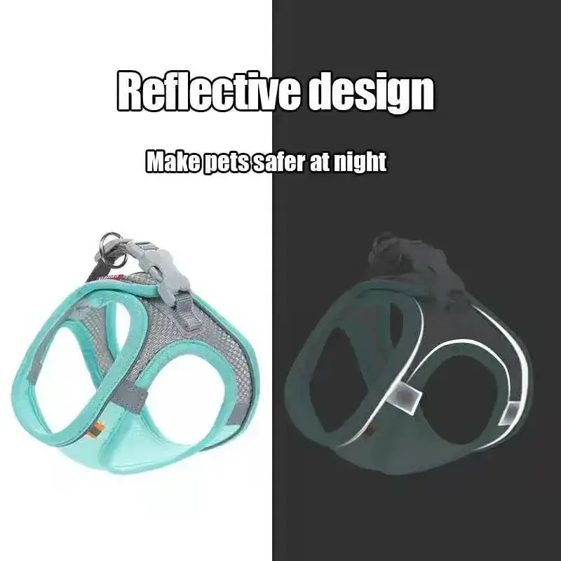 Reflective pet harness for safe night walks, featuring soft mesh fabric and adjustable fit. Ideal for outdoor adventures.