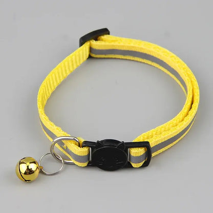 Reflective yellow cat collar with bell and adjustable size for enhanced safety and stylish look.