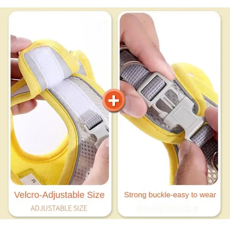Yellow pet harness with velcro-adjustable size and strong buckle for easy wear, shown in close-up detail for outdoor use.