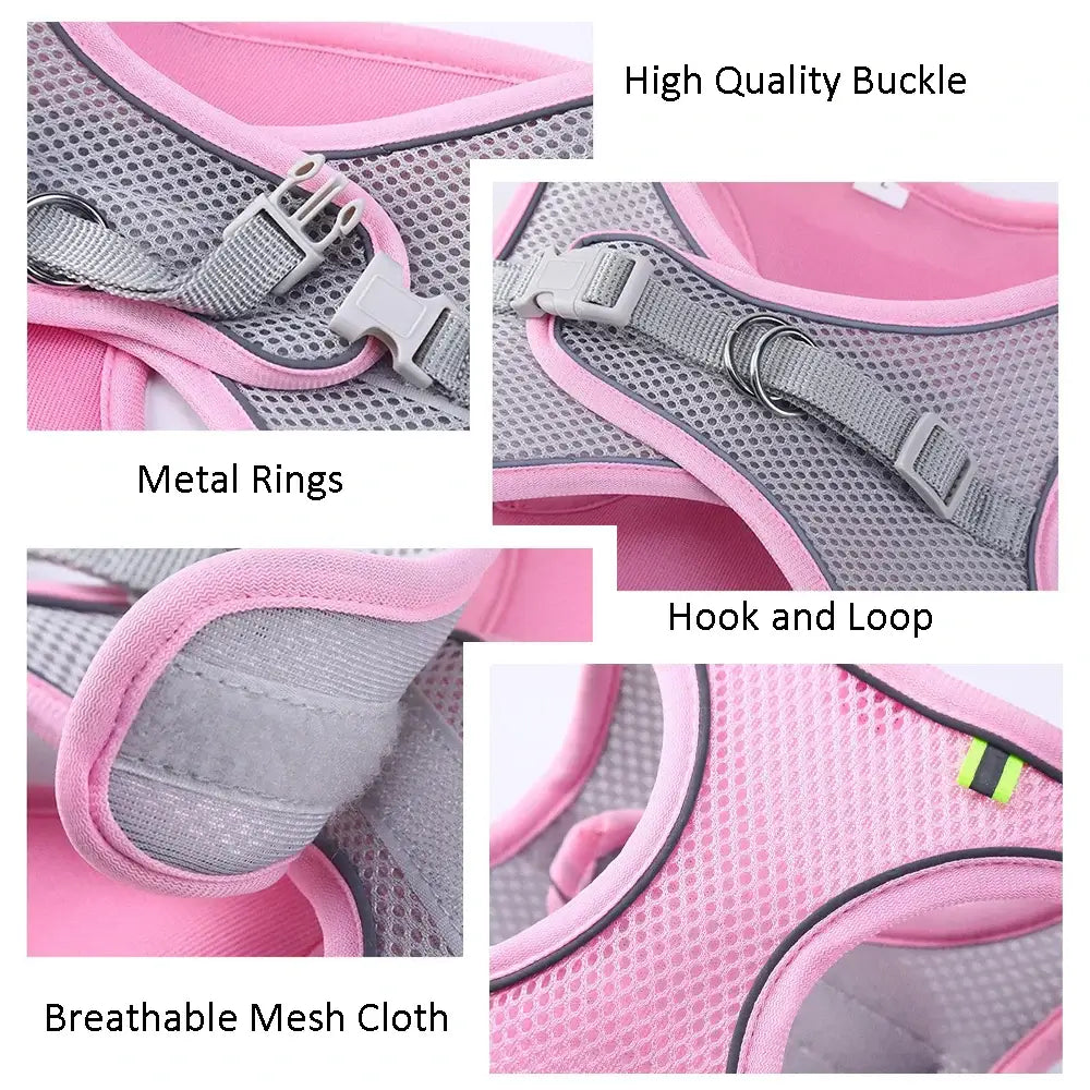 Close-up of a pink outdoor pet walking harness with features like breathable mesh, high-quality buckle, metal rings, and hook and loop.