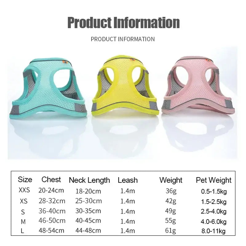 Colorful soft pet harnesses in blue, yellow, and pink with size chart for safe walking. Reflective, breathable, and adjustable fit.