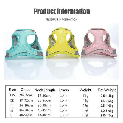 Colorful soft pet harnesses in blue, yellow, and pink with size chart for safe walking. Reflective, breathable, and adjustable fit.