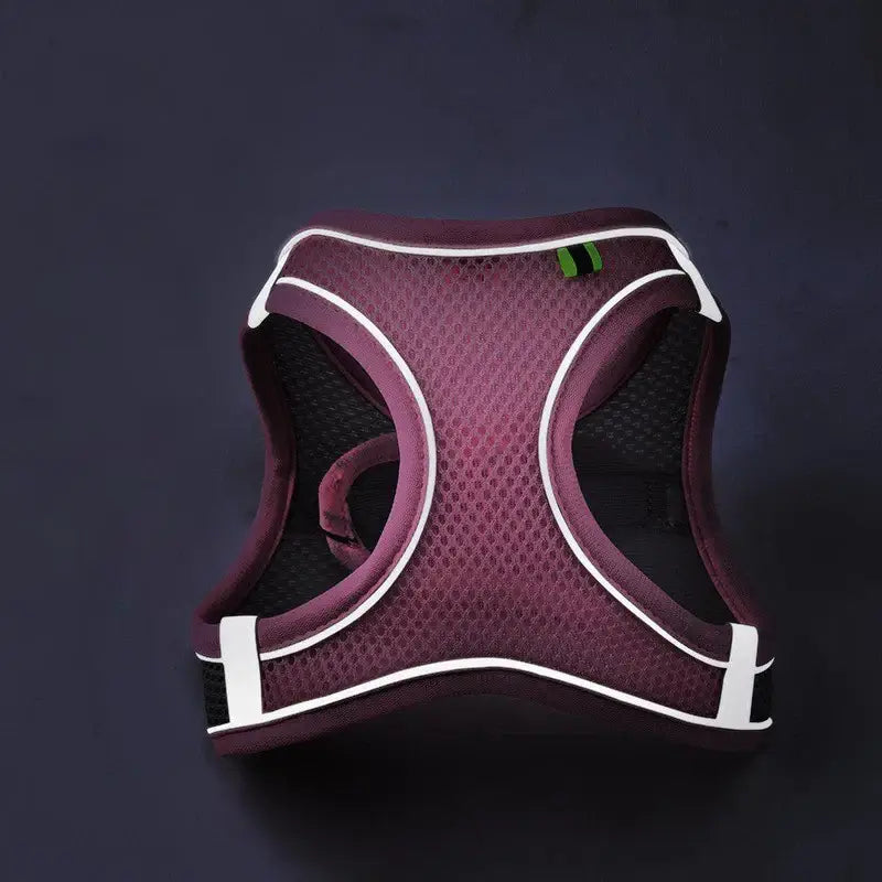 Reflective maroon pet harness with breathable mesh for safe outdoor walks.
