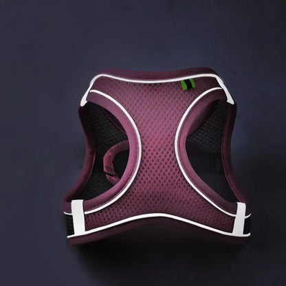Reflective maroon pet harness with breathable mesh for safe outdoor walks.