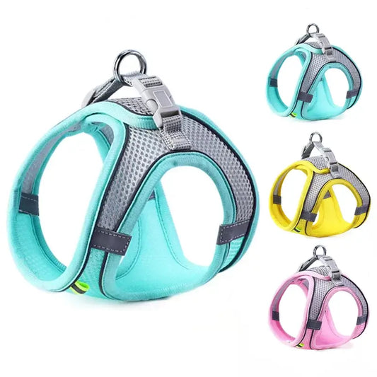 Colorful soft mesh pet harnesses in blue, yellow, and pink with adjustable fit, reflective safety, and easy clip-on leash system.