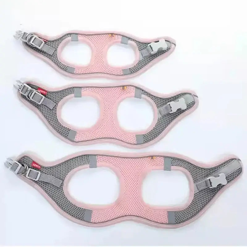 Reflective pink and grey soft mesh pet harness in various sizes for safe outdoor walks.
