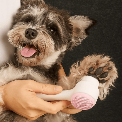 Person cleaning dog paws with a silicone dog paw cleaner and grooming tool