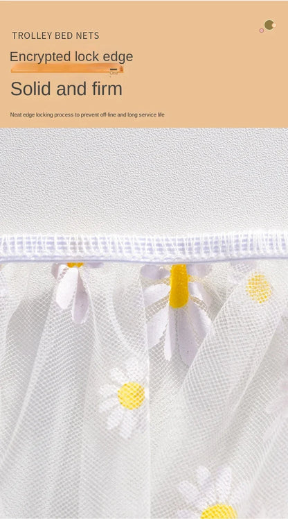 Trolley bed net with encrypted lock edge, featuring a solid and firm design. White netting with daisy pattern.