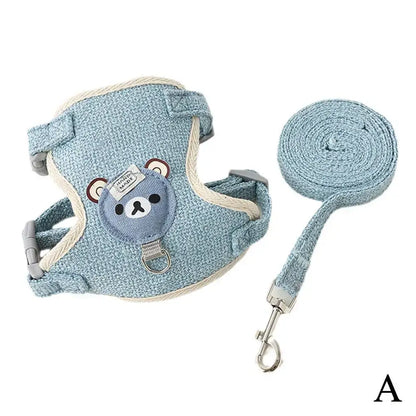 Blue undershirt-style pet harness with cute bear design and matching leash, breathable and adjustable for small pets.