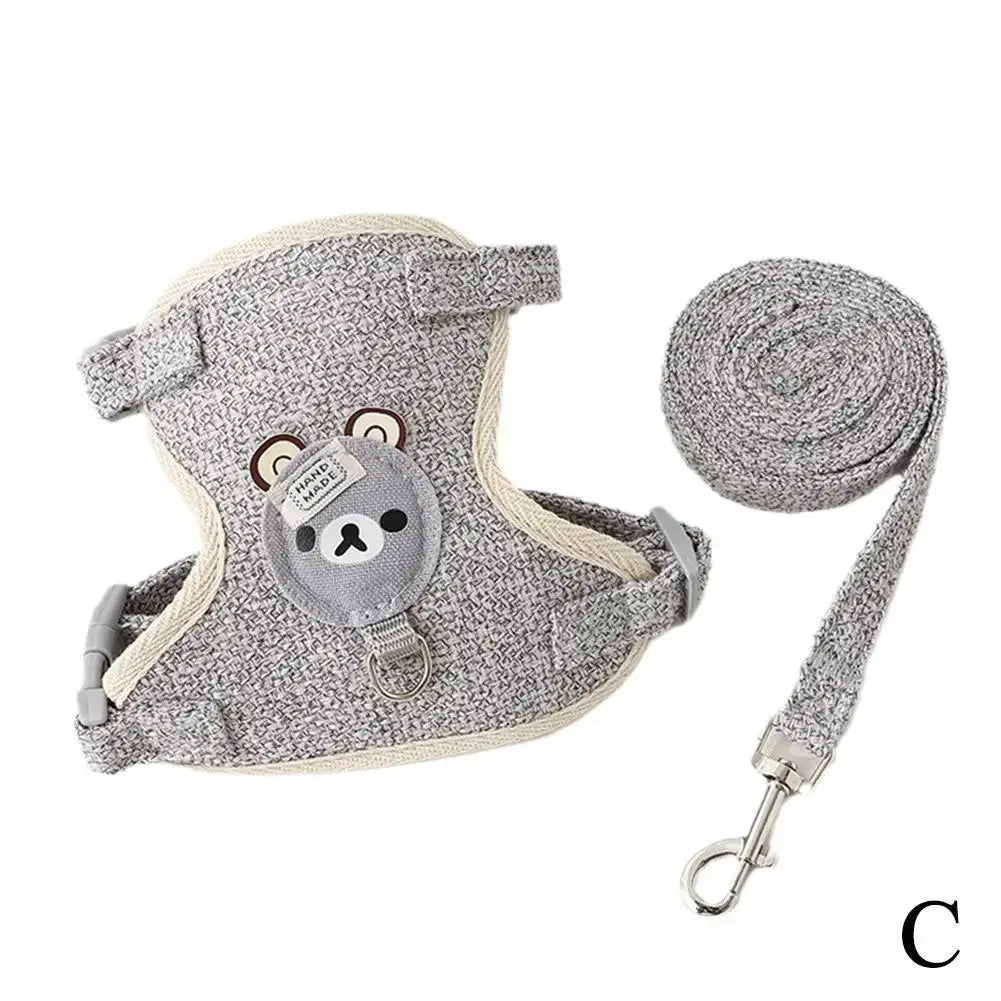Grey undershirt-style pet harness with bear design and matching leash, breathable and adjustable for small pets.