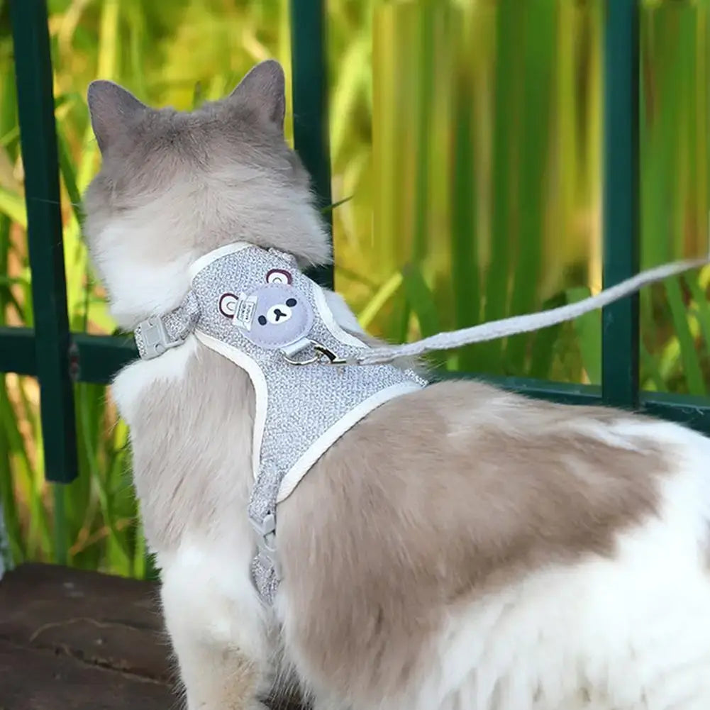 Cat wearing a grey undershirt-style pet harness, showcasing breathability and comfort in an outdoor setting.