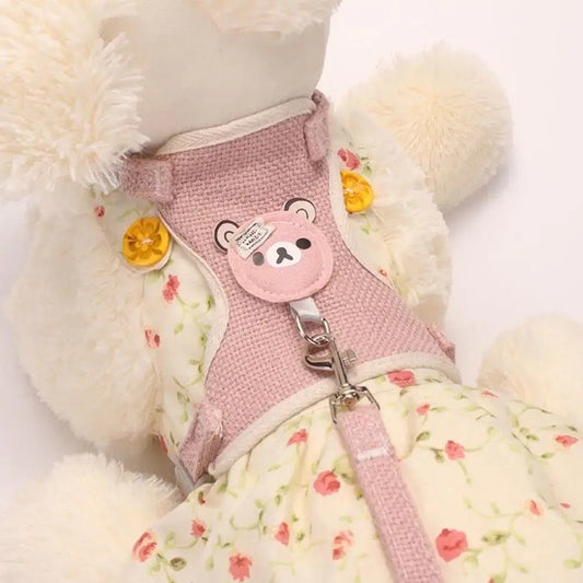 Undershirt-style pet harness in floral design, made from breathable polyester for pets under 12 lbs, ensuring comfort and safety.