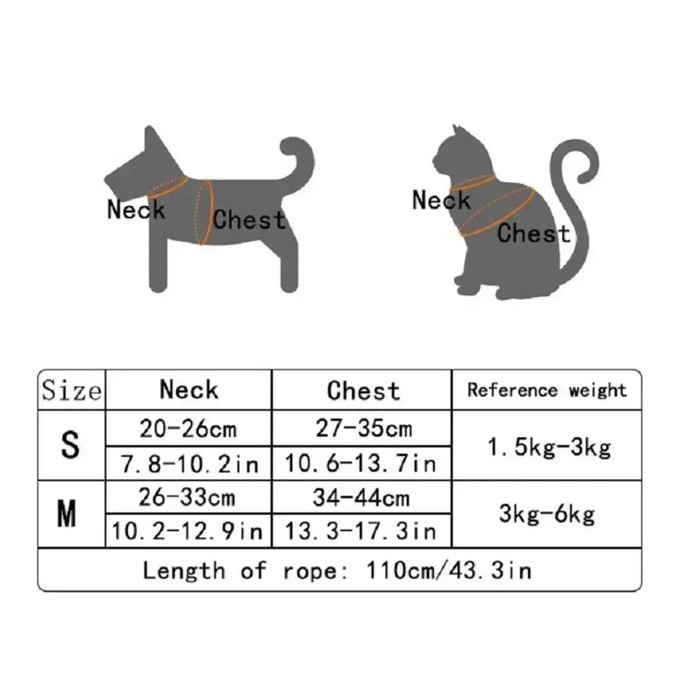 "Pet harness size chart for neck and chest measurements and weight reference for dogs and cats."
