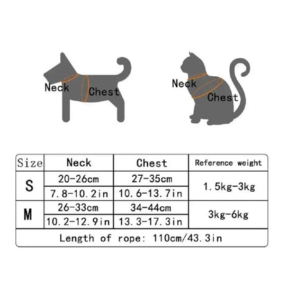"Pet harness size chart for neck and chest measurements and weight reference for dogs and cats."